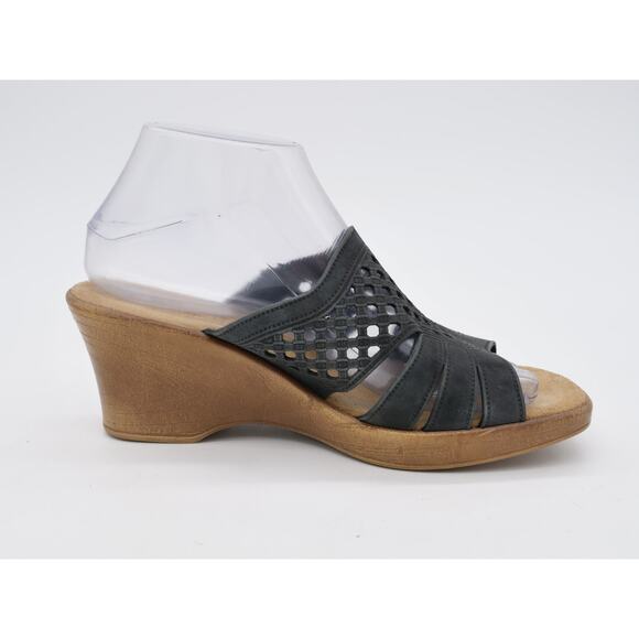 Spring Step Sandals Women 8.5 Black Leather Perforated Platform Wedge Heel Slide - Picture 3 of 10